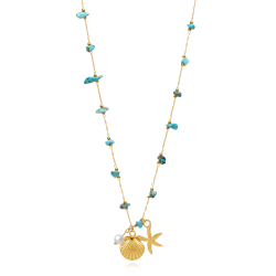 Collar Acero Mineral Collar Acero Liso - Perla - Estrella de Mar - Concha - 42+5 cm - Color Oro y Color Acero