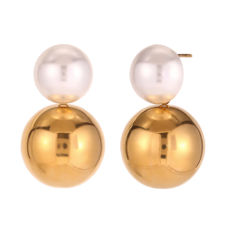 Steel Stone Earrings Pearl Steel Earring - 34 mm Ball - Gold Color