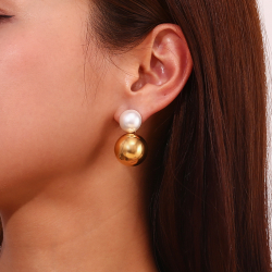 Steel Stone Earrings Pearl Steel Earring - 34 mm Ball - Gold Color