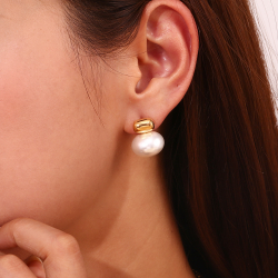 Steel Stone Earrings Pearl Steel Earring - 20 mm - Gold Color and Silver Color