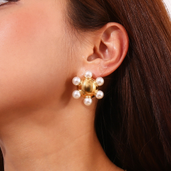 Steel Stone Earrings Steel Earring - Pearl - 33 mm - Color Gold
