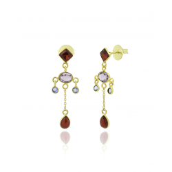 Bronze Stone Earrings Bronze Mineral Earrings - 40mm - Garnet, Amethyst - Gold Plated