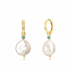Silver Stone Earrings Mineral Earrings - Pearl and Turquoise - Hoop - 13 + 17 mm - Gold Plated and Rhodium Silver