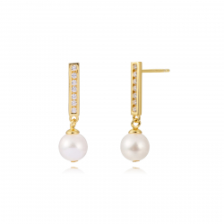 Silver Stone Earrings Cultured Pearl Mineral Bar Earrings - White Zirconia - 22mm - Zirconia - Gold plated and Rhodium Silver