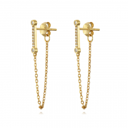 Silver Zircon Earrings Stick with chain Earrings - Zirconia - 35mm - Gold Plated and Rhodium Silver