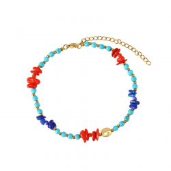 New Arrivals Mineral Simile Steel Anklet - Turquoise Ball, Coral, Blue Lapis - 22+6 cm - Gold Color