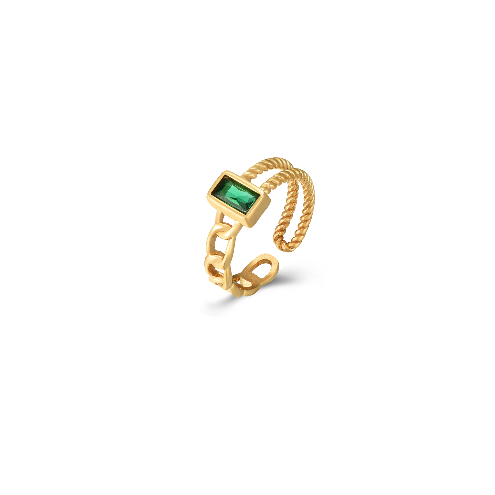 Anillo Acero Circonita Anillo Acero Abierto - Circonita Verde 6*3mm - Bañado Oro